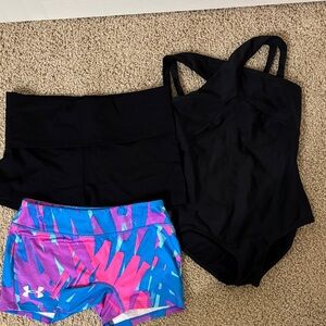 Capezio halter neck leotard, black shorts & Underarmour shorts size Child large